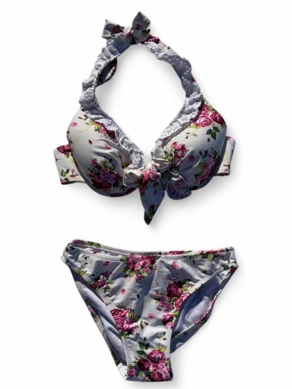 Floral Ruffled Bikini Set in with Pink Roses - Picture 2 of 8